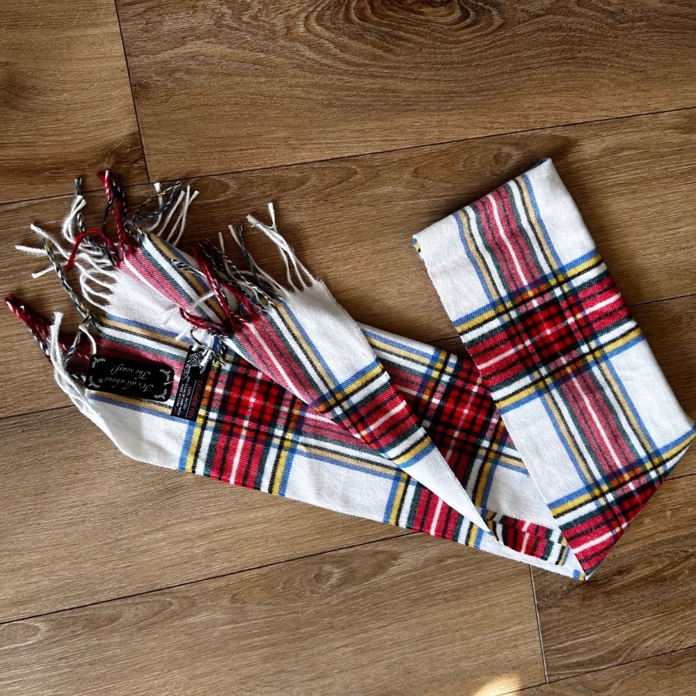Its All About The Scarf White Plaid Cashmere Feel Acrylic Fringe Scarf NWT